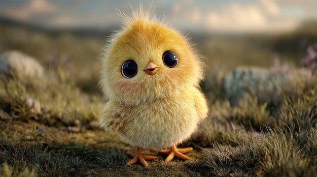 A cute chick with big black eyes standing in the grass. It is a sweet little animal