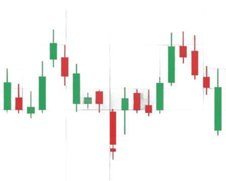 Candlestick chart pattern showing financial market trends and trading data visualized on a transparent background transparent background