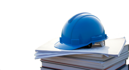 Blue safety helmet on documents with transparant background. Symbol of safety,  industry, and development with copy space.