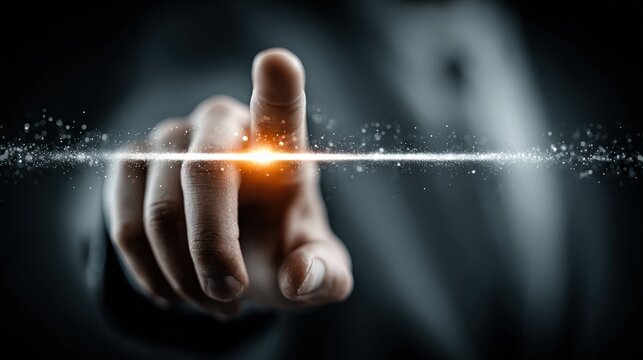 A close-up shot of a finger touching a virtual interface with a futuristic and technological ambiance. ..Created with Generative AI, not depicting real subjects.