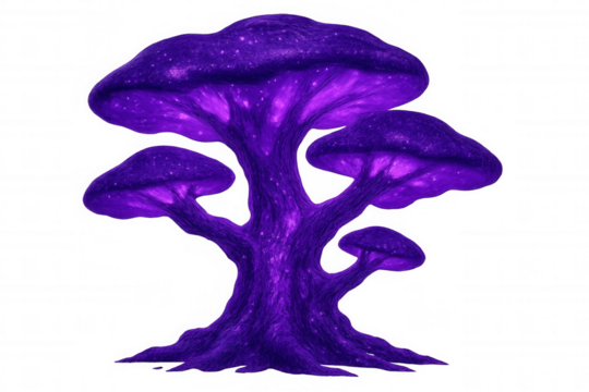 Glowing purple mushroom tree growing on a transparent background, perfect for fantasy or surreal projects