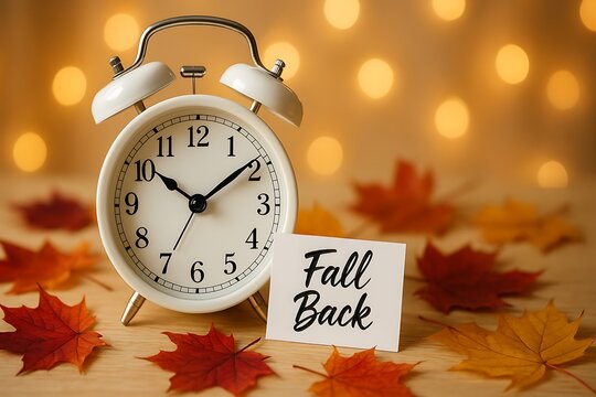 Fall Back Daylight Saving Time Concept with Clock, and Autumn Leaves