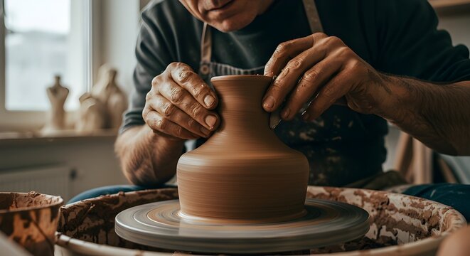 Sculptor molding a clay piece with hands, creating artistic shapes and textures, showcasing craftsmanship, creativity, and traditional pottery techniques in a studio environment. - Powered by Adobe