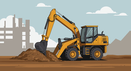 Obraz premium Yellow Excavator Digging Earth on Construction Site.