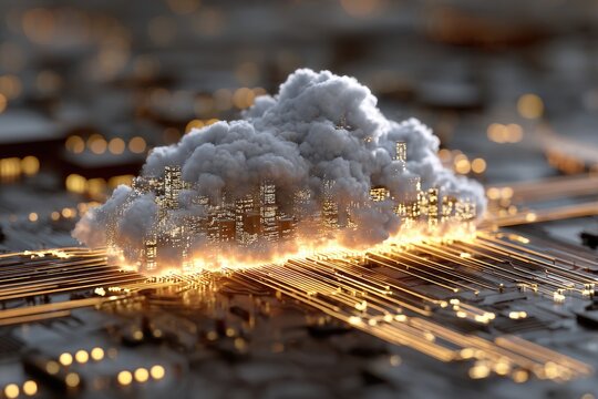 Cityscape nestled within a cloud, resting on a circuit board, symbolizing cloud computing and urban infrastructure - Powered by Adobe
