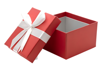 A bright red gift box with a white ribbon and bow is open revealing its empty interior isolated on transparent background