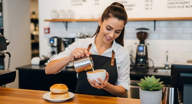 A female baker in an apron arranging a wooden tray of delicious homemade cupcakes in her sunlit artisanal bakery - Powered by Adobe