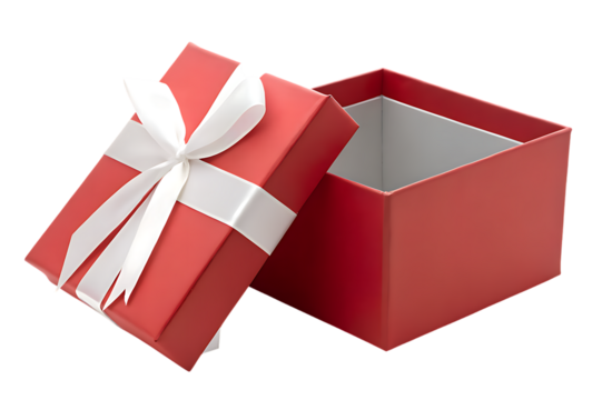 A bright red gift box with a white ribbon and bow is open revealing its empty interior isolated on transparent background - Powered by Adobe