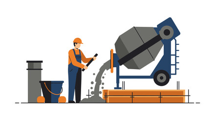 Construction Worker Pouring Concrete from Mixer Illustration.