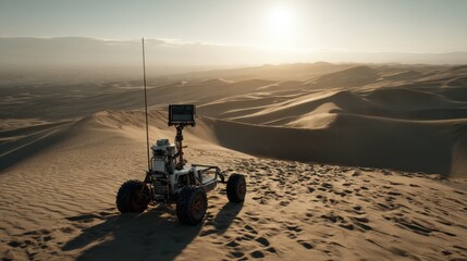 Crisp medium shot of an autonomous buggys lidar scanning unit the device in sharp detail as the vast sunlit sand dunes behind gently blur highlighting dynamic SLAM dataset