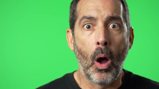 Man's face expressing shock and surprise with wide eyes and open mouth on vibrant green background, perfect for adding text or graphics - Powered by Adobe