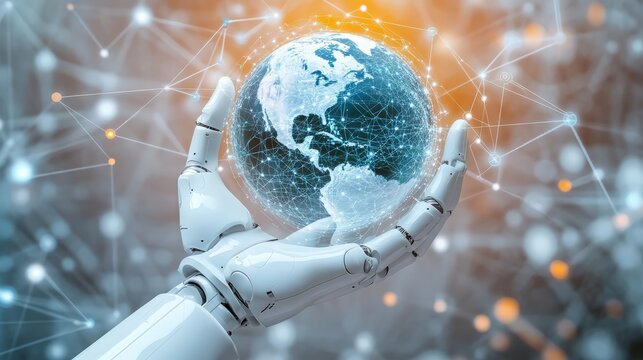 A futuristic robotic hand delicately cradles the globe, highlighting the fusion of technology, data, and our planet. ..Created with Generative AI, not depicting real subjects.