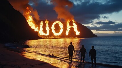 Burning message on the hill overlooking the beach with people watching the sunset landscape