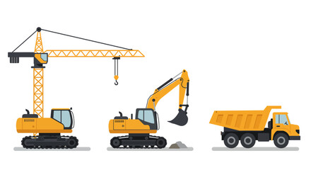 Construction Vehicles: Crane Excavator and Dump Truck.