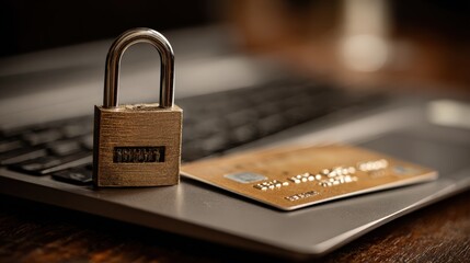 A symbolic representation of data security, featuring a metallic padlock resting on a laptop keyboard and a golden credit card. ..Created with Generative AI, not depicting real subjects.