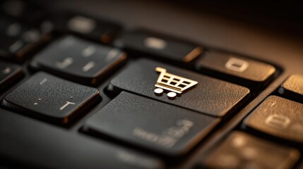 Close-up view of a computer keyboard featuring the shopping cart symbol on the enter key. ..Created with Generative AI, not depicting real subjects.