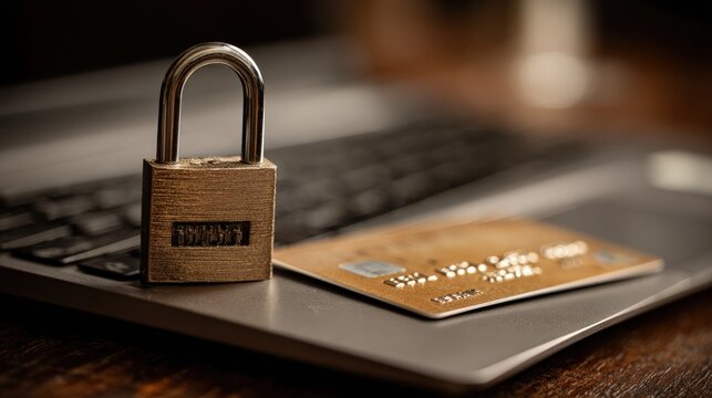 A symbolic representation of data security, featuring a metallic padlock resting on a laptop keyboard and a golden credit card. ..Created with Generative AI, not depicting real subjects.