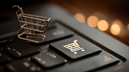 Online shopping concept with a miniature shopping cart and a shopping cart button on a laptop keyboard. ..Created with Generative AI, not depicting real subjects.