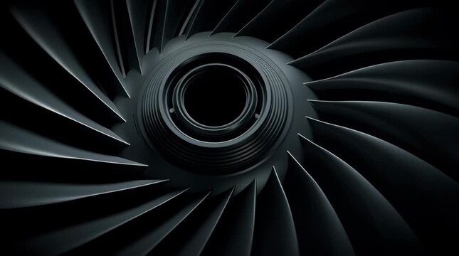 Jet engine turbine blade close up showing sleek curved metal design with powerful mechanical precision and dynamic dark texture