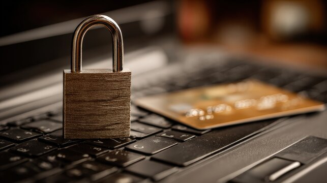 A symbolic image representing online security, with a padlock prominently displayed on a laptop keyboard alongside a credit card. ..Created with Generative AI, not depicting real subjects.