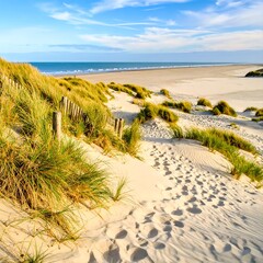 Sandy Beach Dunes with Footprints and Ocean Horizon.