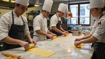 Chefs Preparing Fresh Pasta in Modern Kitchen