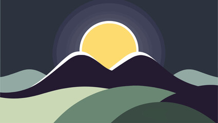 Stylized mountain landscape with full moon vector illustration for serene ambiance