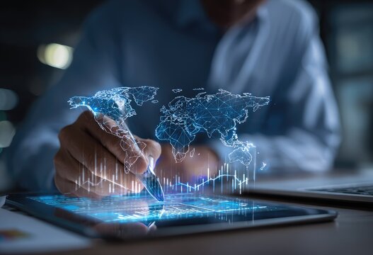 A person interacts with a tablet displaying a digital world map overlaid with financial data