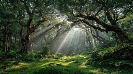 Sunlight streams through a magical forest, illuminating a lush green landscape. The ancient trees form a natural archway, creating a sense of wonder and serenity