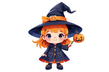 Cute Halloween witch girl with orange hair wea a blue dress and hat holding a small carved pumpkin smiling festive costume celebration