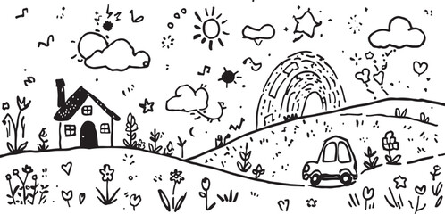 Whimsical landscape drawing with house rainbow car and sun in a naive childlike style vector illustration