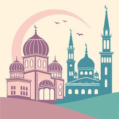 Illustration of an islamic mosque with domes and minarets under a crescent moon and flying birds design
