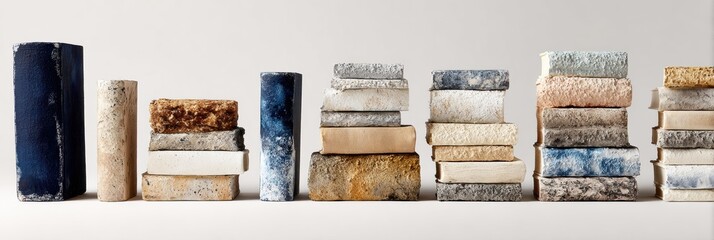 Fototapeta premium Collection of Textured Books Arranged on a Minimalistic Surface Showcasing Various Colors and Conditions