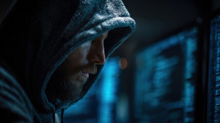 Digital Shadow: A hooded figure immersed in the digital realm, his intense focus illuminated by the ethereal glow of computer screens, hinting at complex code and unseen challenges. Generative Ai