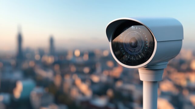Surveillance Eye in the Sky: A sleek, modern security camera, perched high above a sprawling cityscape, its watchful lens capturing the pulse of the urban environment. Generative Ai