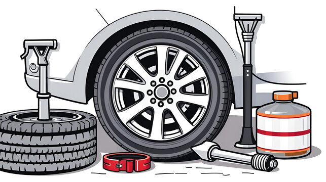 Car tire repair set. vector illustration