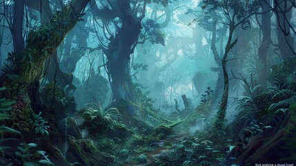 Fototapeta premium A mystical forest path with dense vegetation and a foggy atmosphere in a fantasy landscape scene