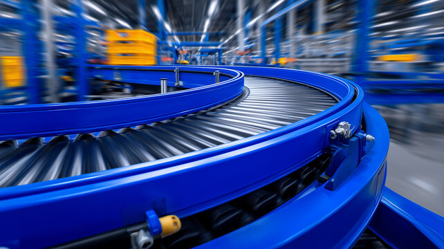 Curved roller conveyor inside a distribution center, symbolizing material handling efficiency, intralogistics routing, and scalable automation for modern operations.
