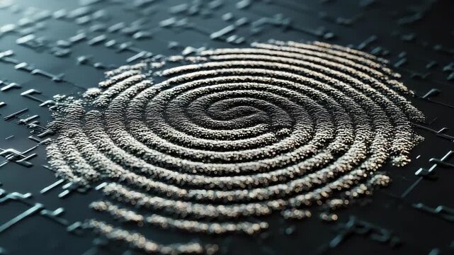 Close-up of fingerprint on digital black surface with cryptic symbols and glowing elements