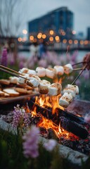 Marshmallows roasting over an open fire, surrounded by flowers and city lights
