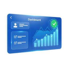 Digital dashboard displaying financial growth charts and user progress with checkmarks, presented on a sleek blue interface with a glowing effect, isolated on transparent background