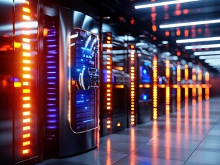 Futuristic Server Room With Glowing Orange And Blue Lights And Reflective Floor With Rows Of Sleek Metallic Servers And