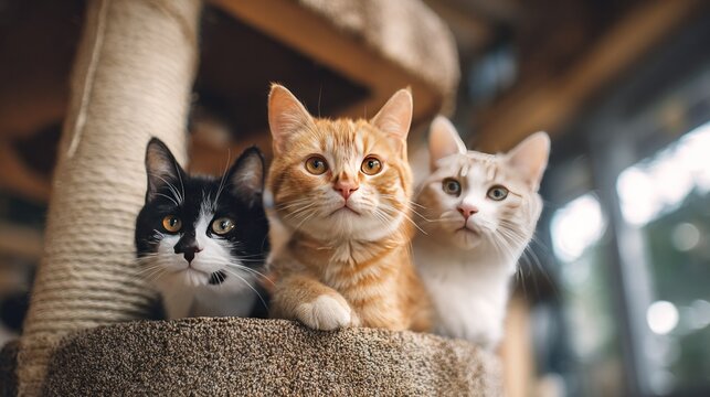 Three adorable cats posing together, showcasing their unique features and charm. They exude a sense of playfulness and curiosity