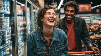 A joyful couple enjoying a shopping experience inside of a grocery store