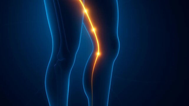 Pain legs artery. Illustration of sciatica pain leg, showcasing glowing nerve pathways and emphasizing discomfort and tension experienced by