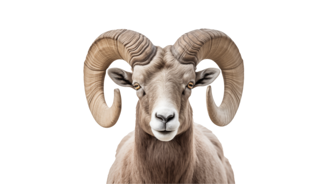 Majestic Bighorn Sheep with imposing curved horns looks directly forward with intense gaze