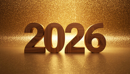 Happy new year 2026, featuring prominent wooden numbers with a natural grain texture, imposed on a luxurious sparkling golden background ai generative