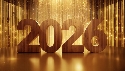 Happy new year 2026, featuring prominent wooden numbers with a natural grain texture, imposed on a luxurious sparkling golden background ai generative