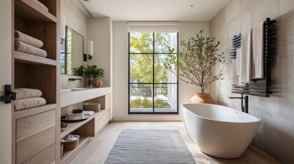 Elegant and modern bathroom interior with a bathtub, natural light, and a sense of serenity. This well-designed space evokes a feeling of tranquility and comfort