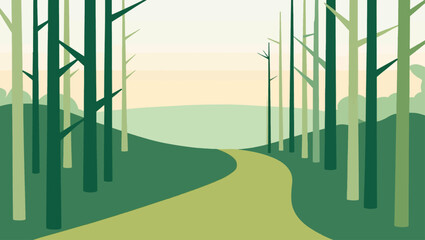 Stylized forest path illustration scenic nature landscape vibrant green trees vector art